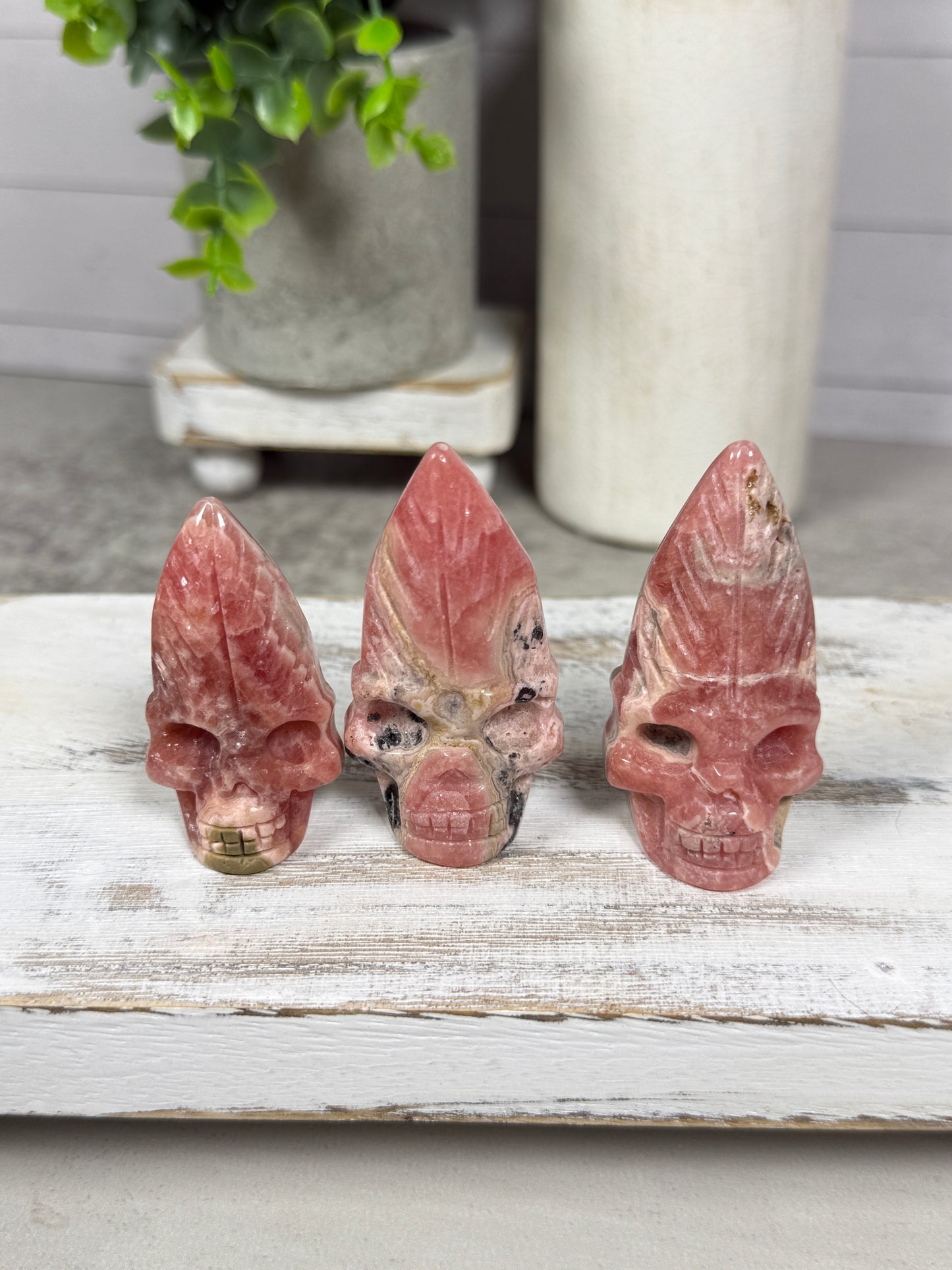 Rhodochrosite Feather Skulls