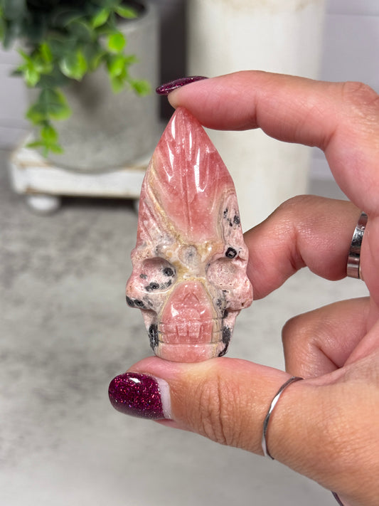 Rhodochrosite Feather Skulls