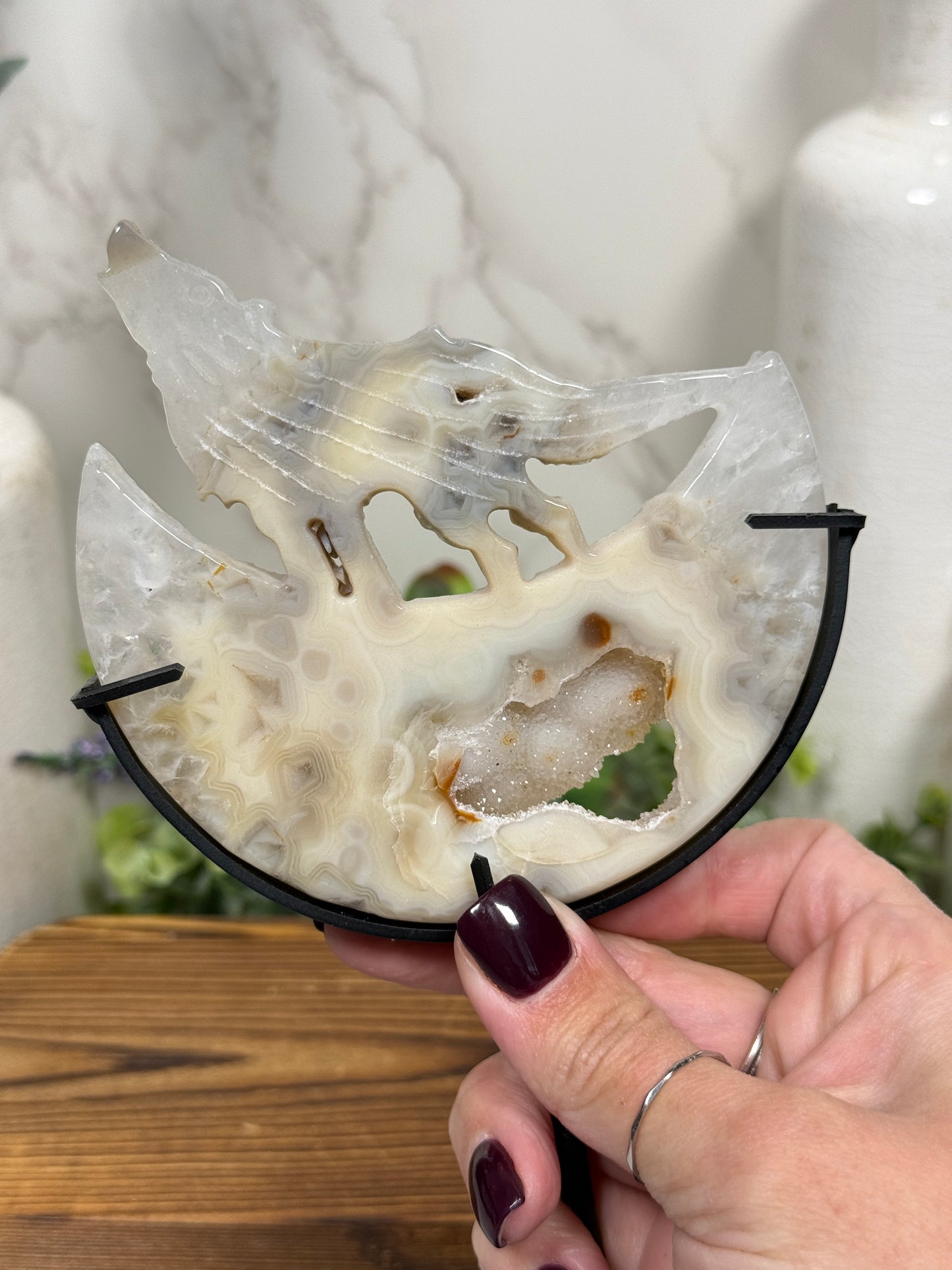 Druzy Agate Wolf on Stand