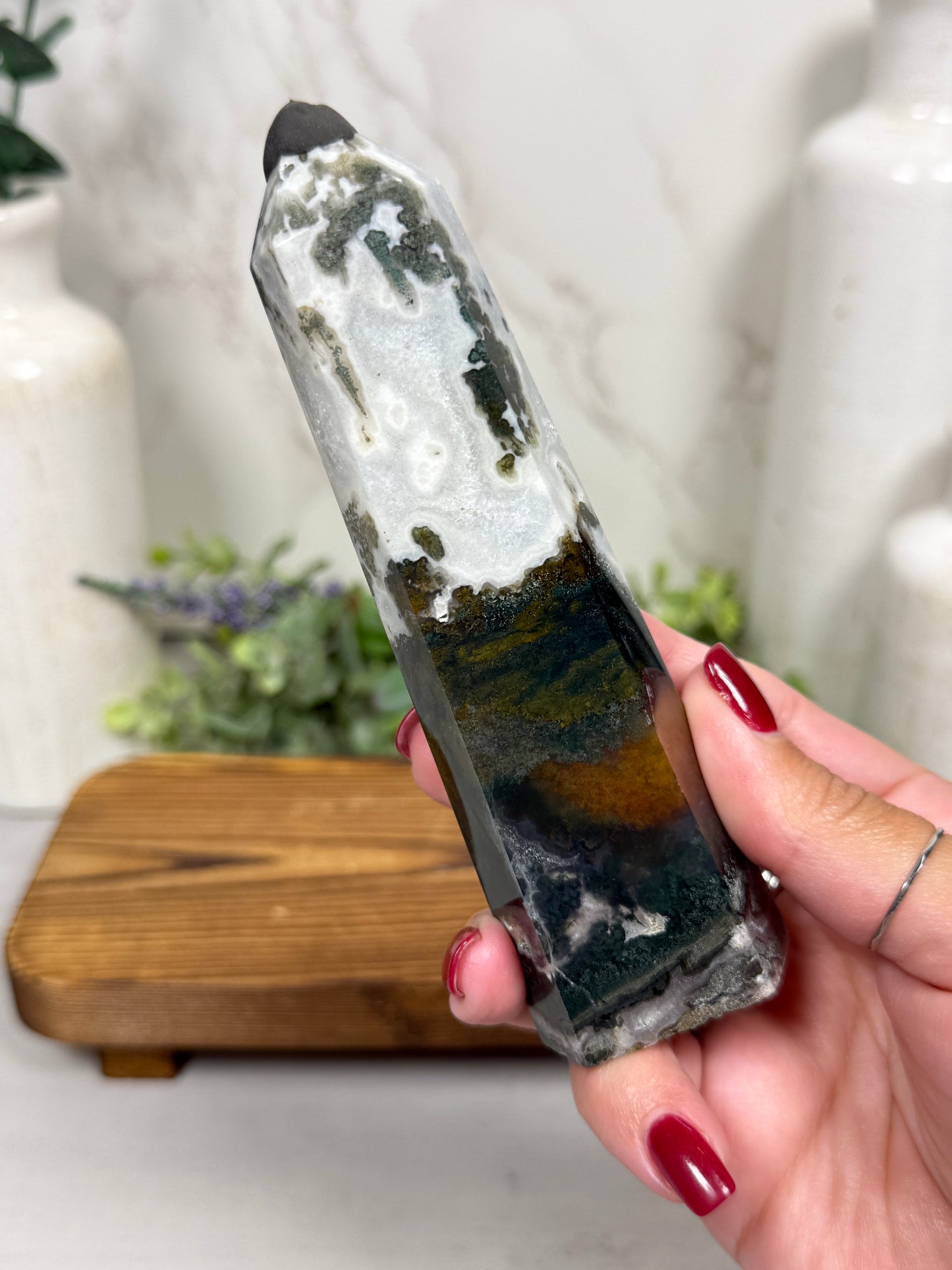 Moss Agate + Quartz Towers
