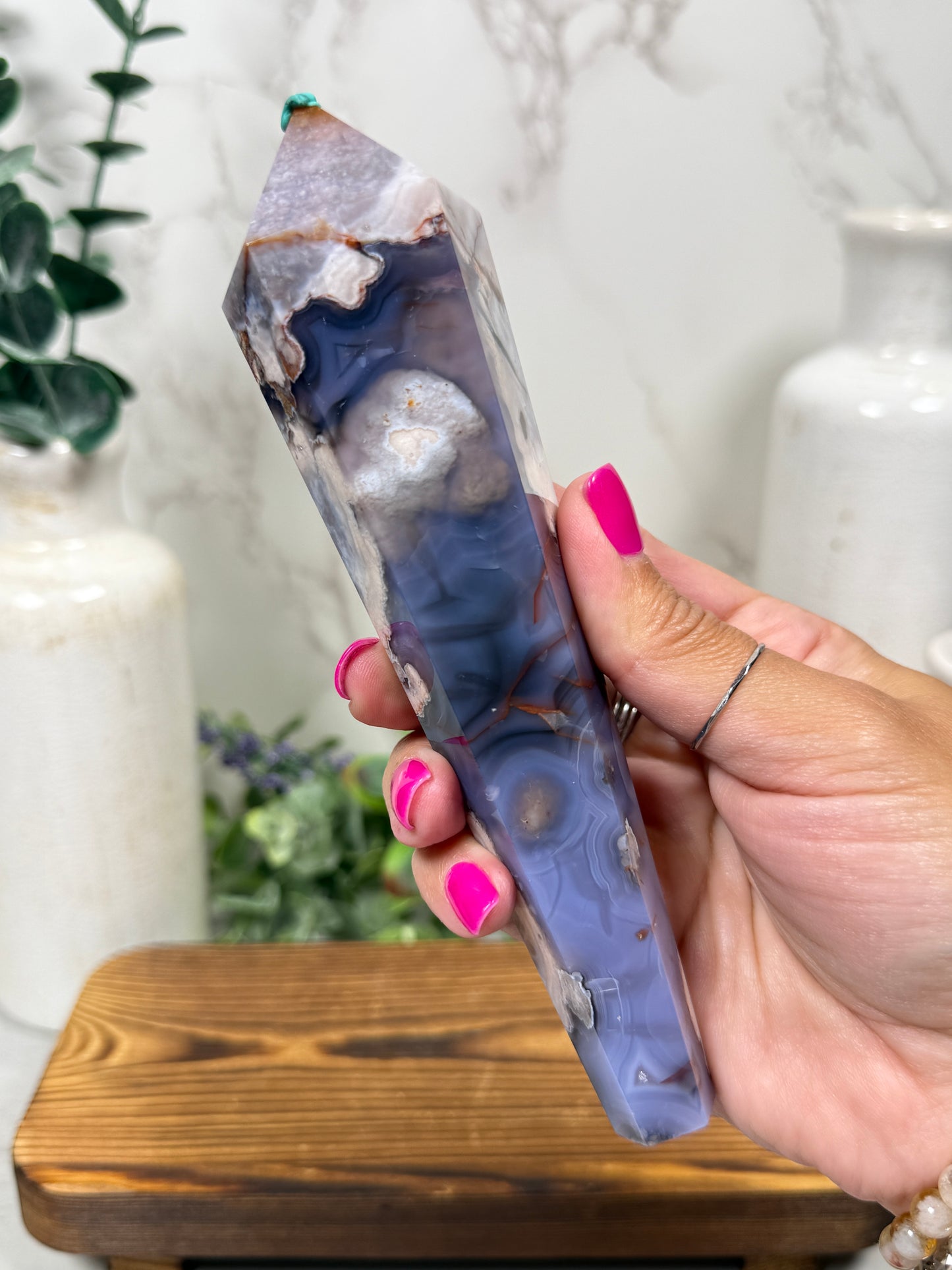 Blue Flower Agate Wands on Stands
