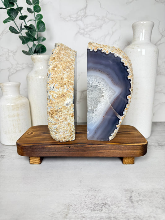Blue Agate Geode Bookends
