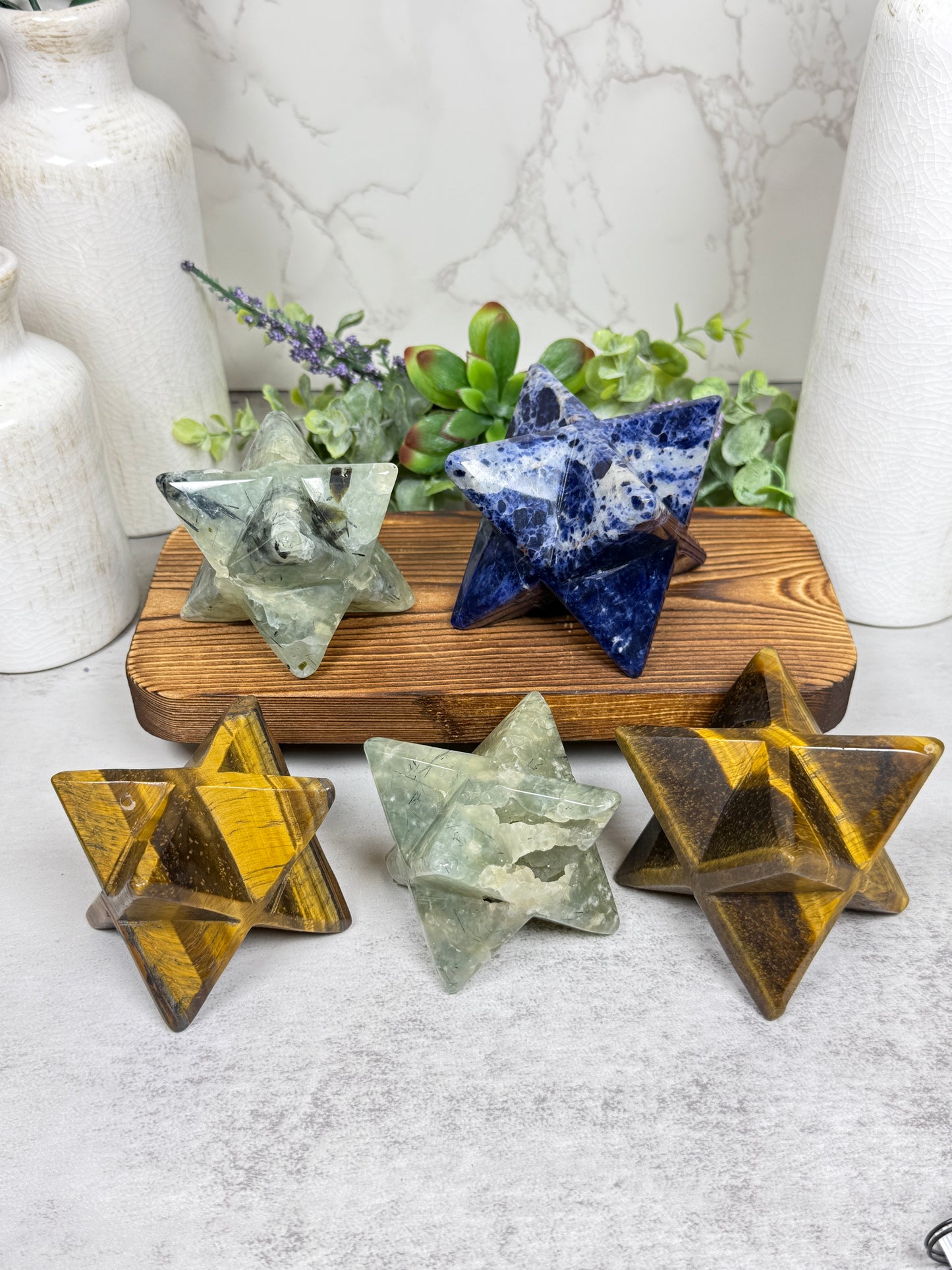 Sodalite, Prehnite, Tiger's Eye Merkabas