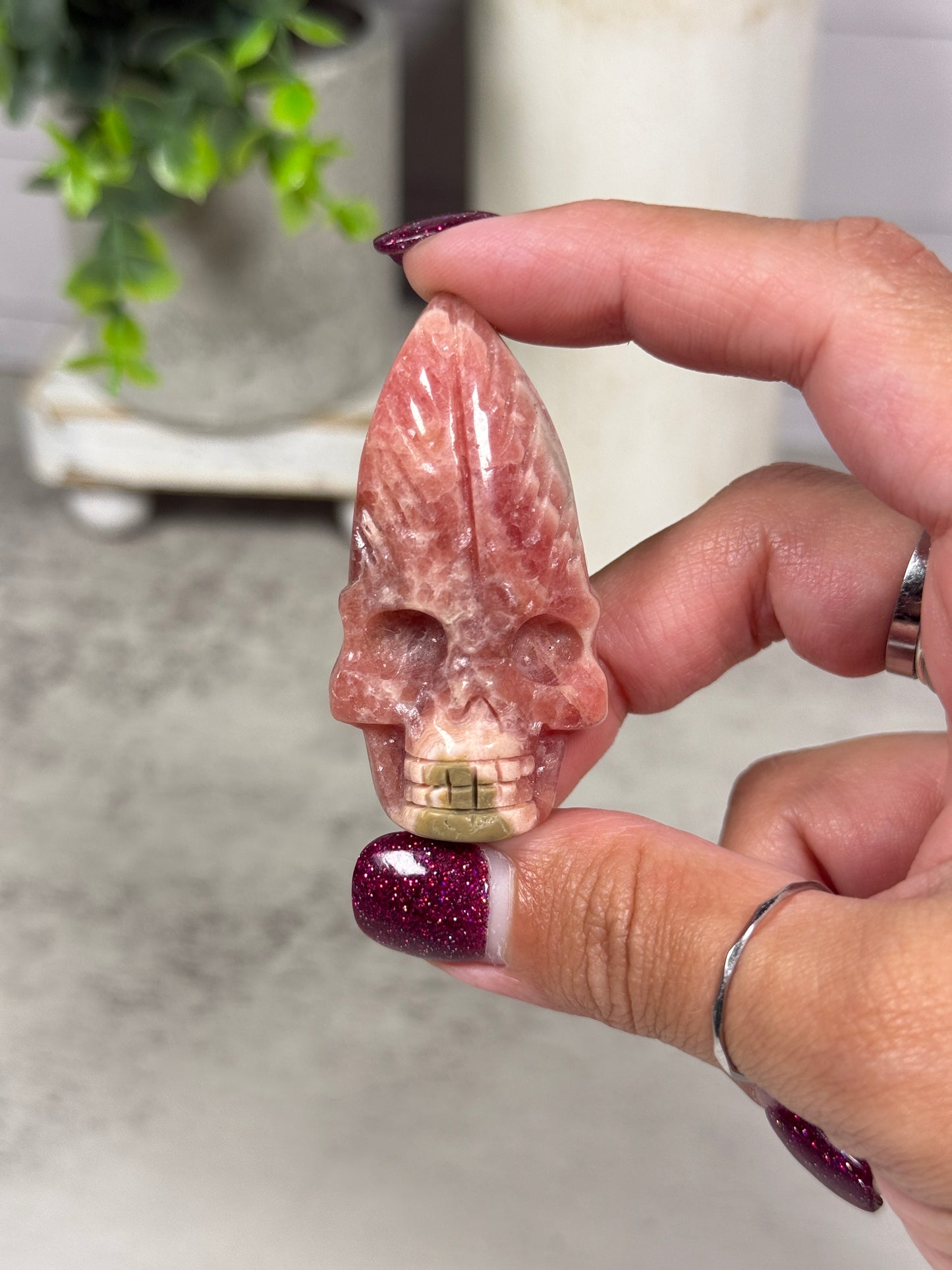 Rhodochrosite Feather Skulls