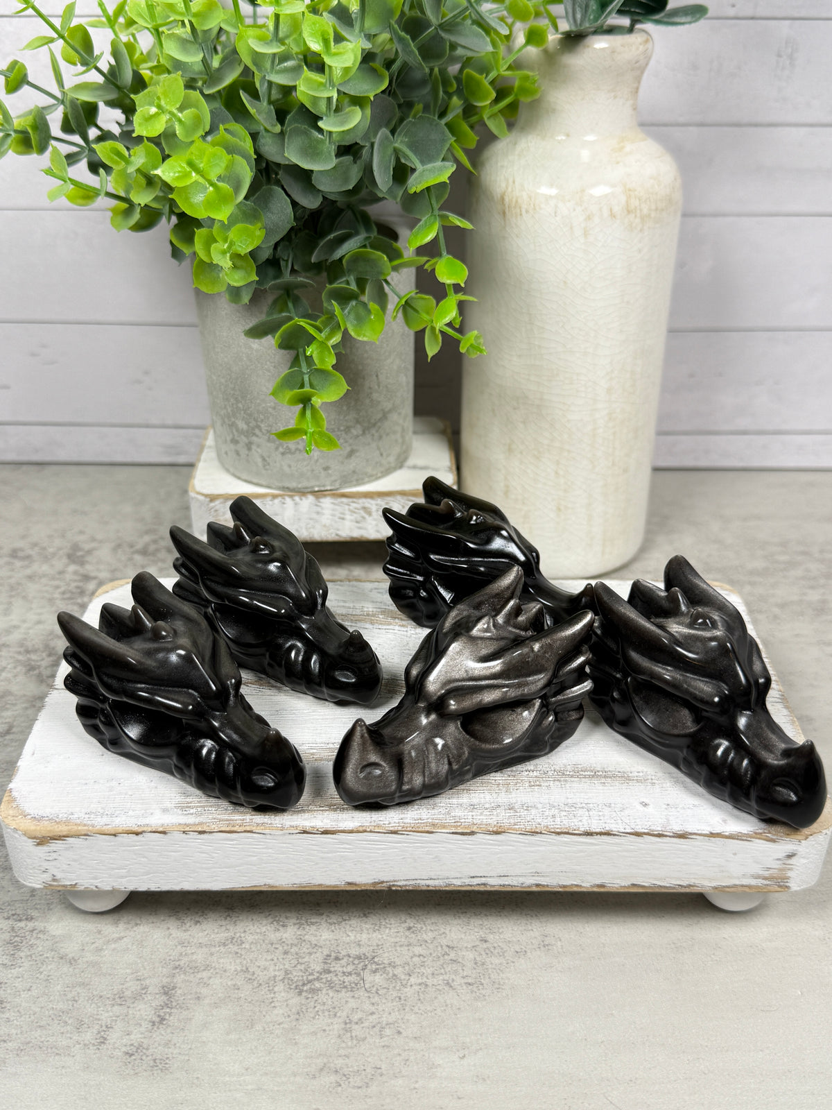 Silver Obsidian Dragon Heads