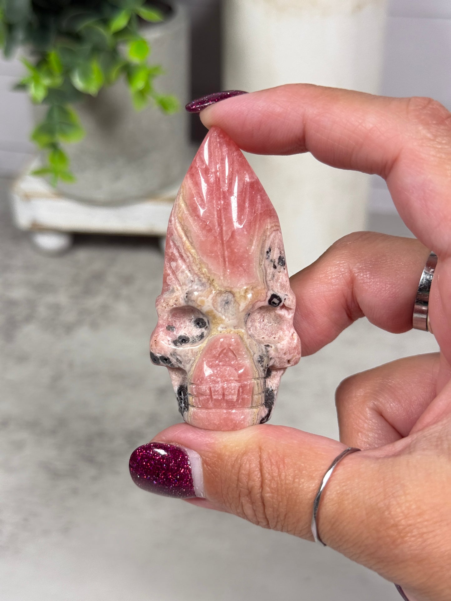 Rhodochrosite Feather Skulls