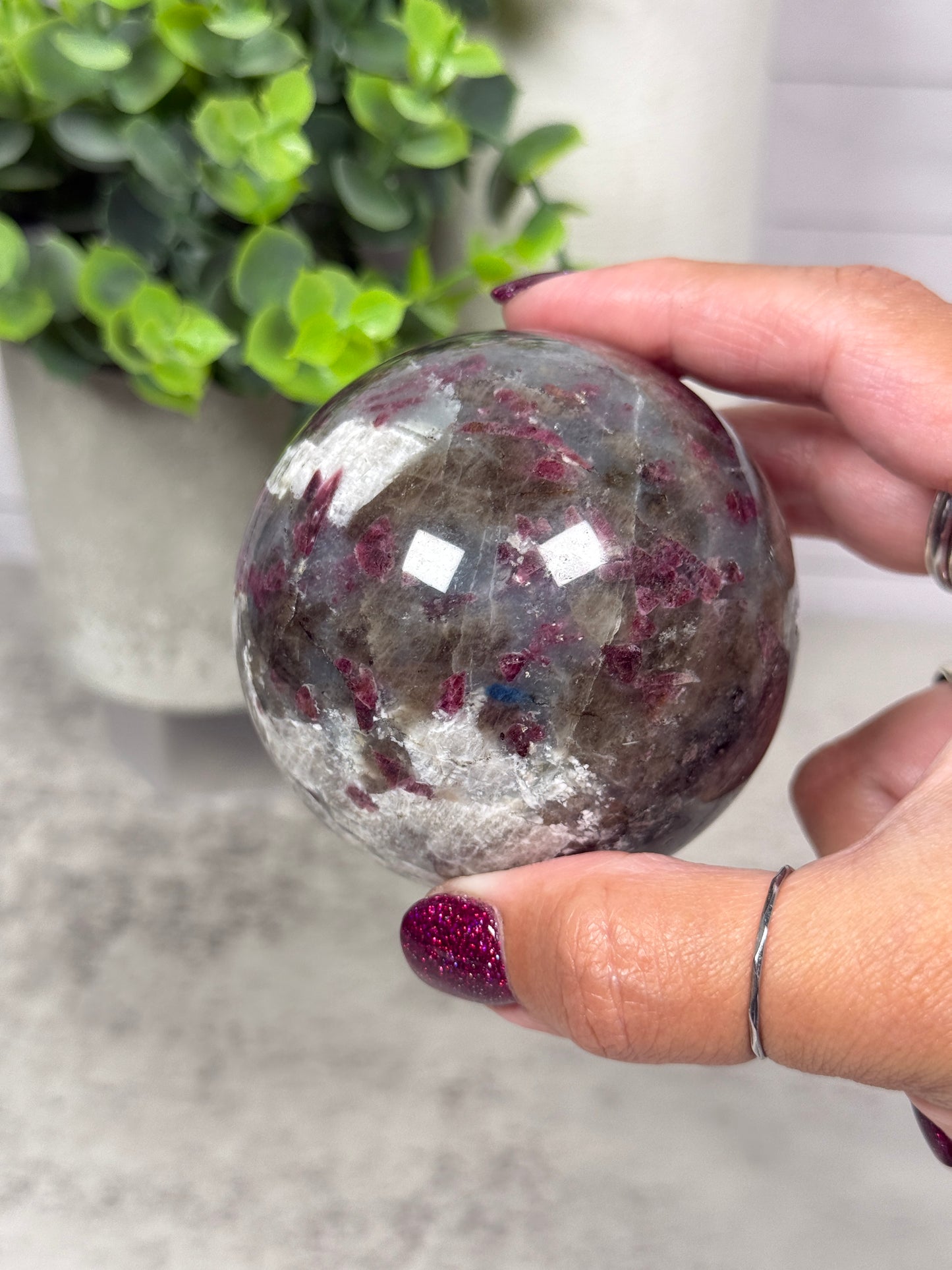 Plum Tourmaline + Smoky Quartz + Blue Apatite Sphere