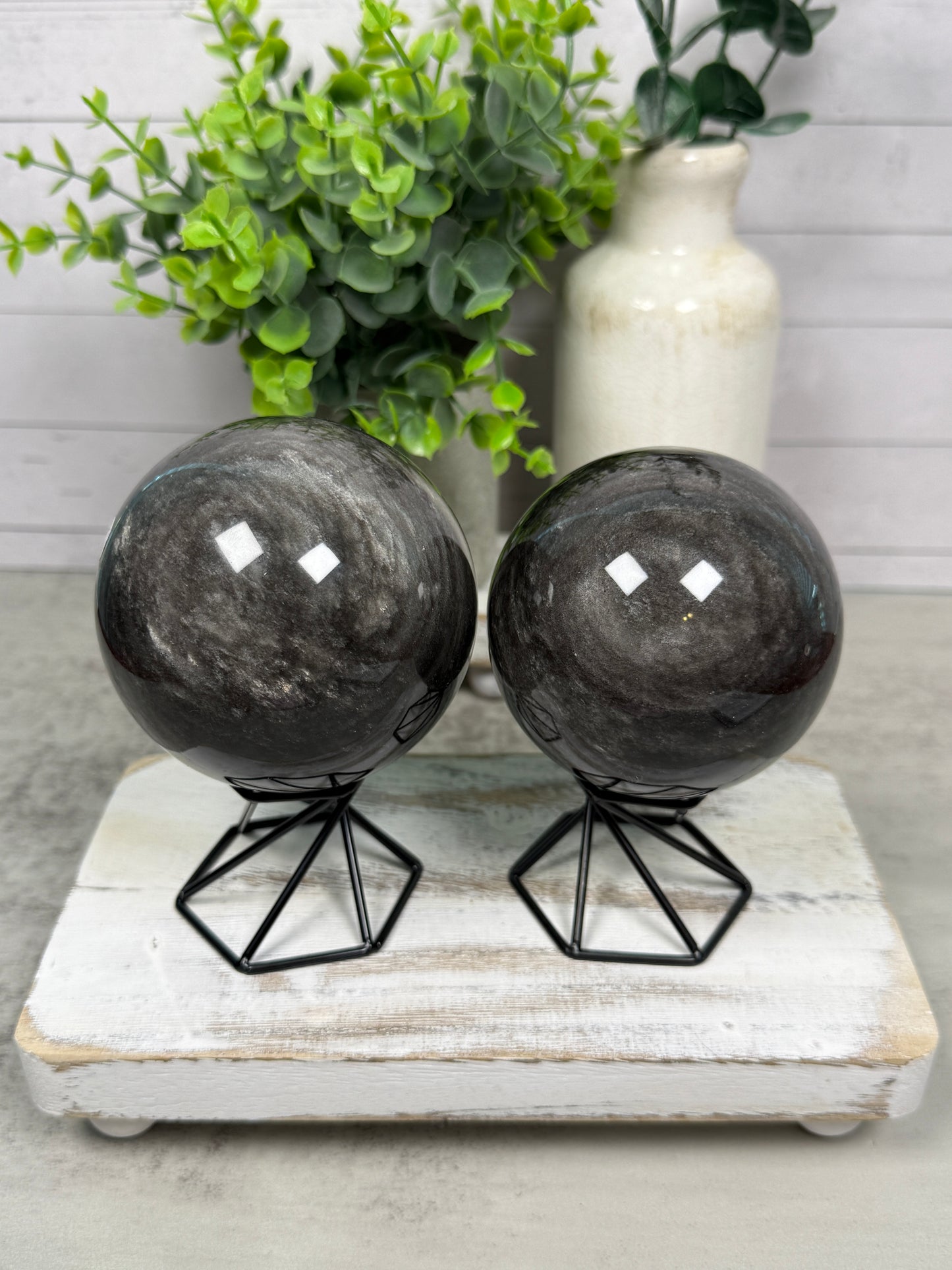 Stormy Silver Obsidian Spheres