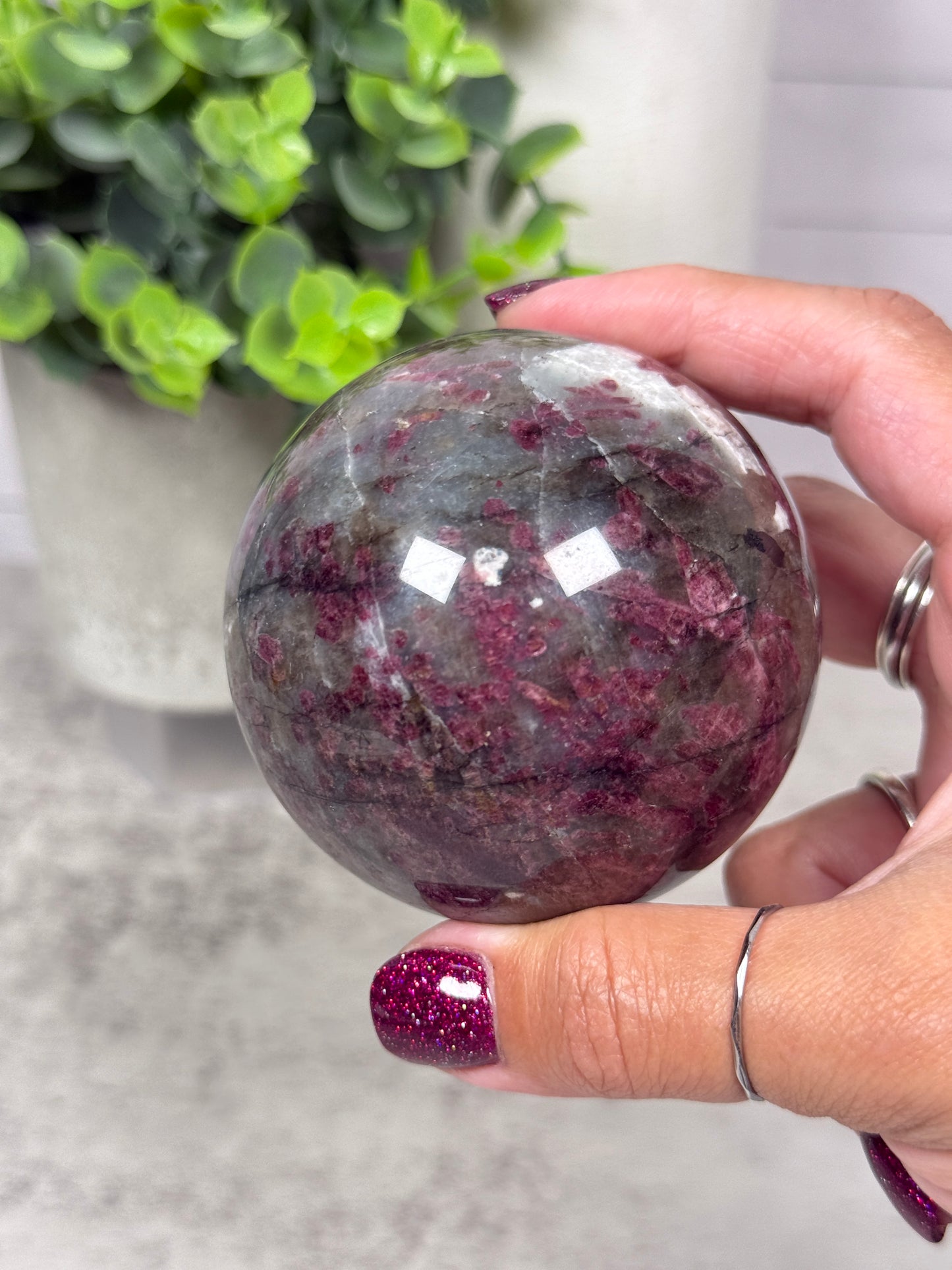 Plum Tourmaline + Smoky Quartz + Blue Apatite Sphere