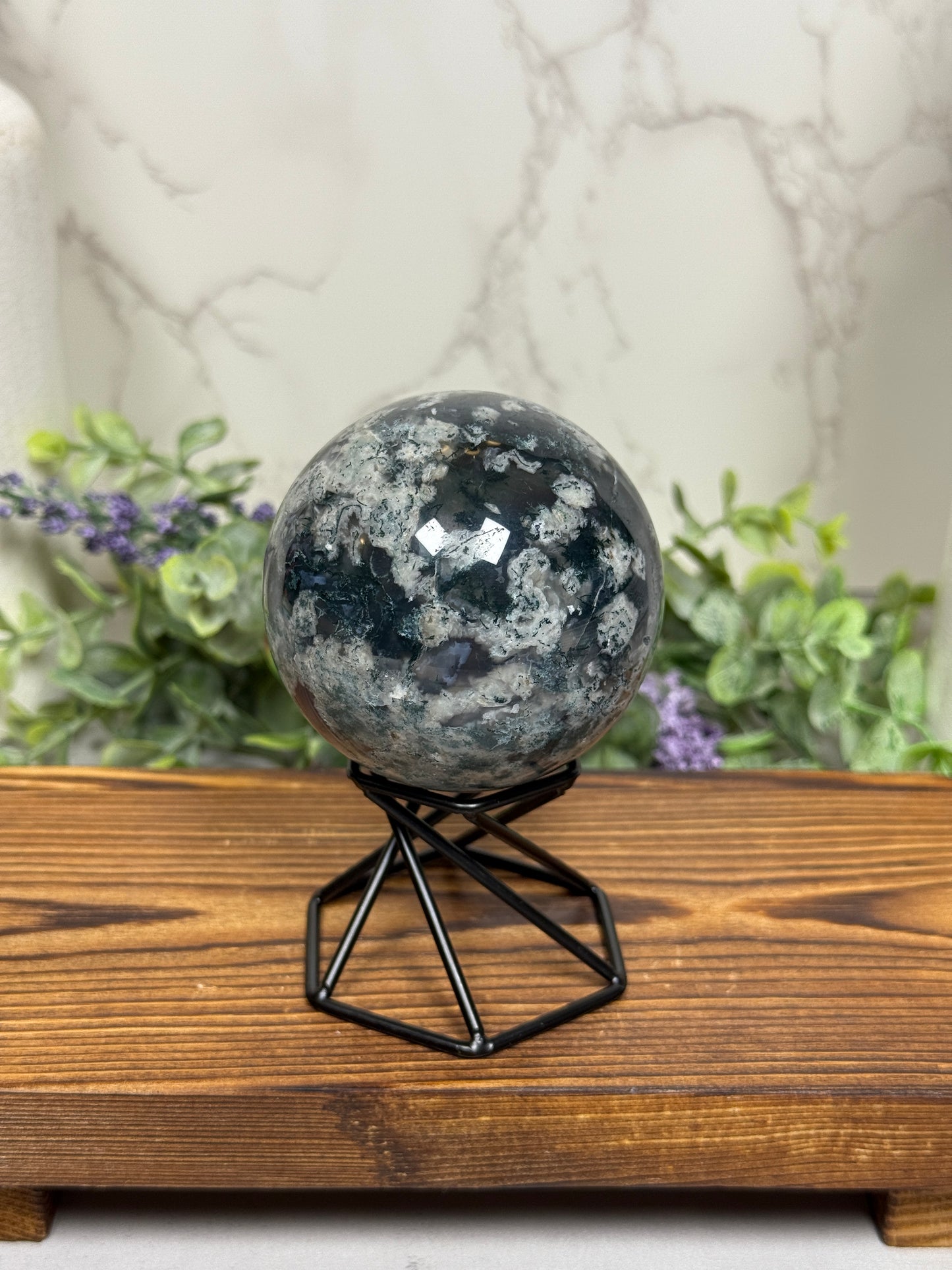 Moss Agate with Pink UV Sphere