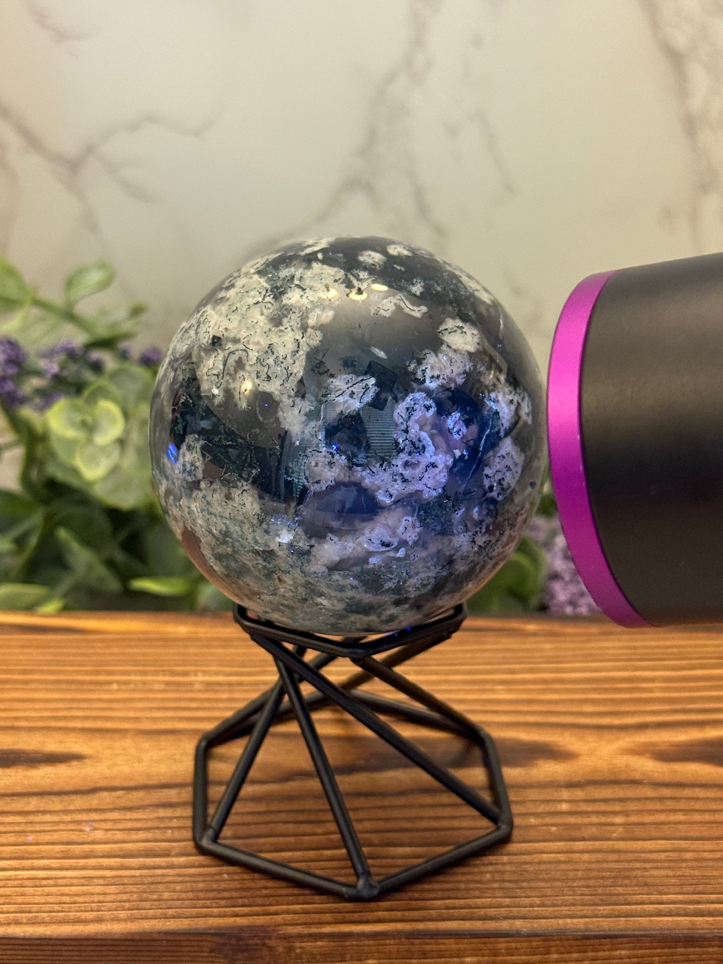 Moss Agate with Pink UV Sphere
