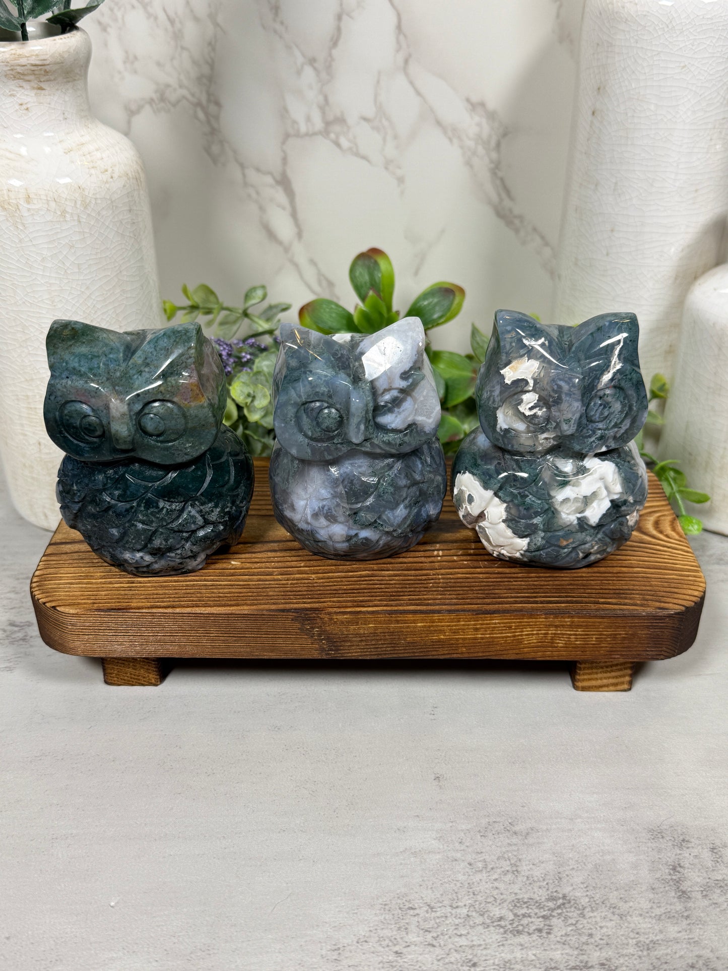 Moss Agate Owls
