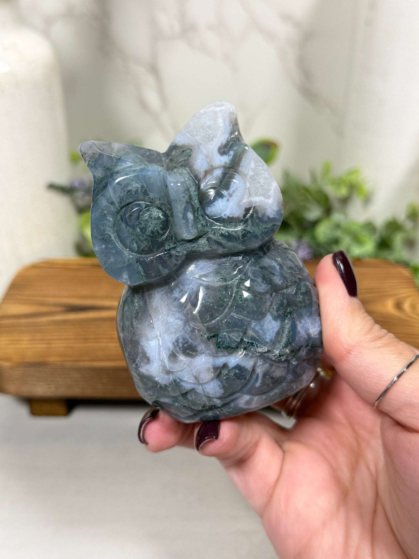 Moss Agate Owls