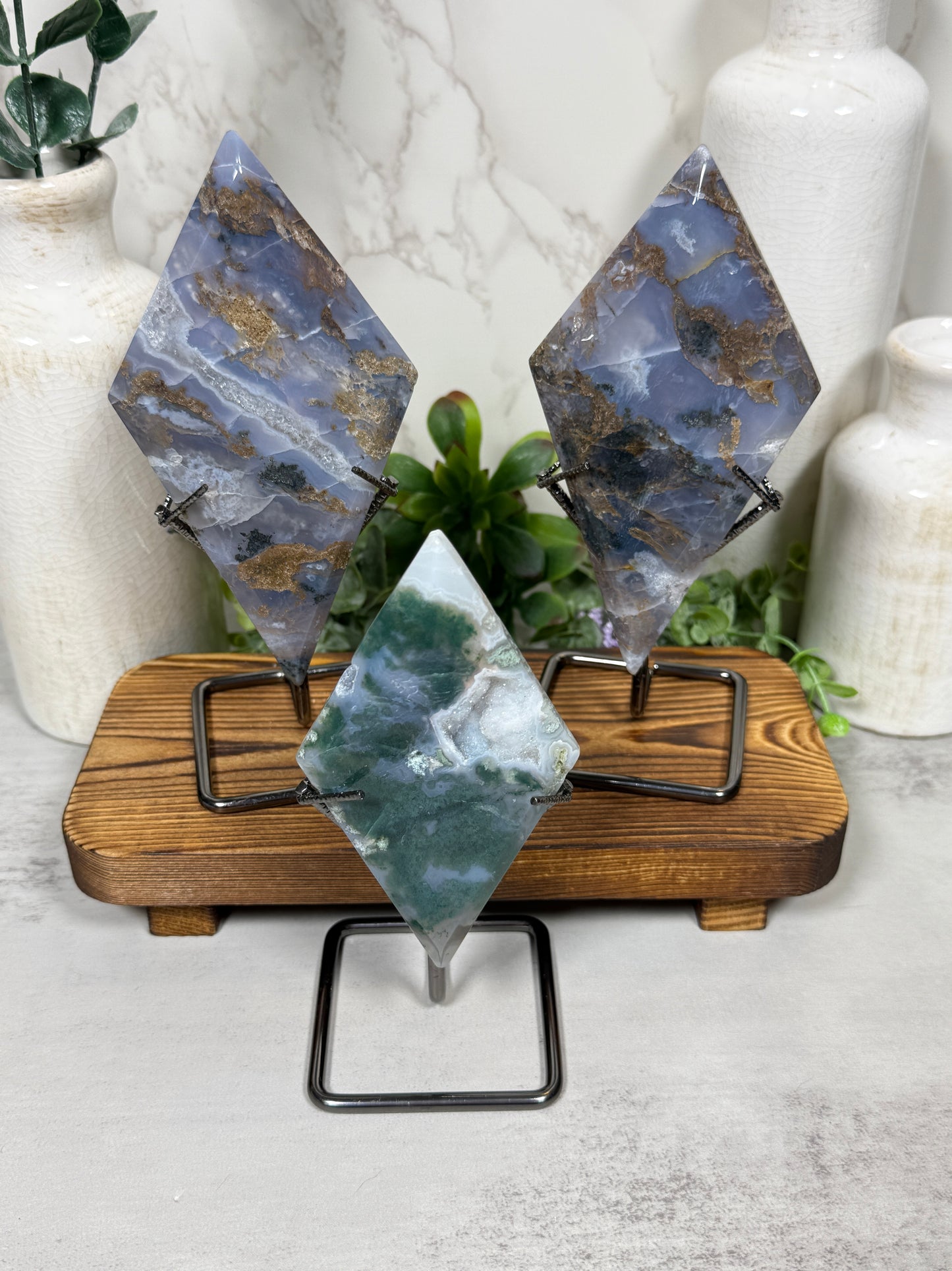 Moss Agate Diamonds with Stands