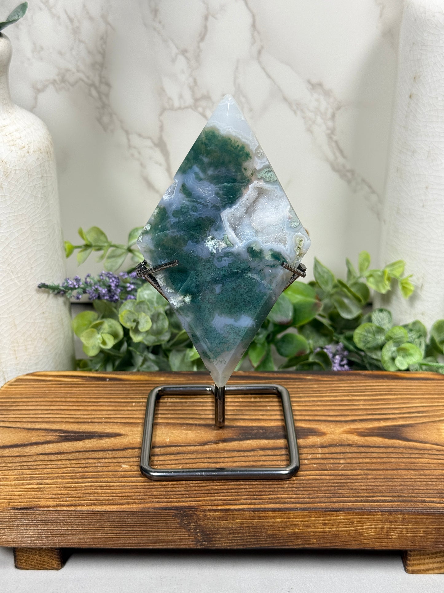 Moss Agate Diamonds with Stands