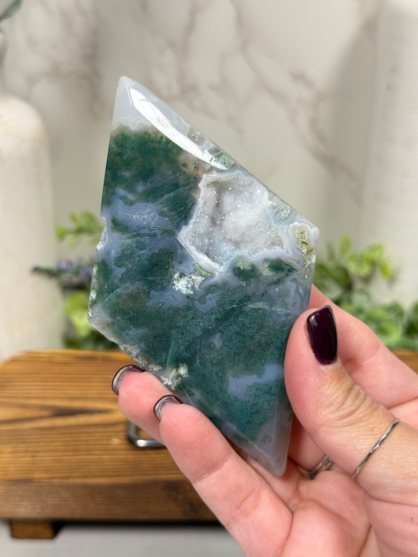 Moss Agate Diamonds with Stands