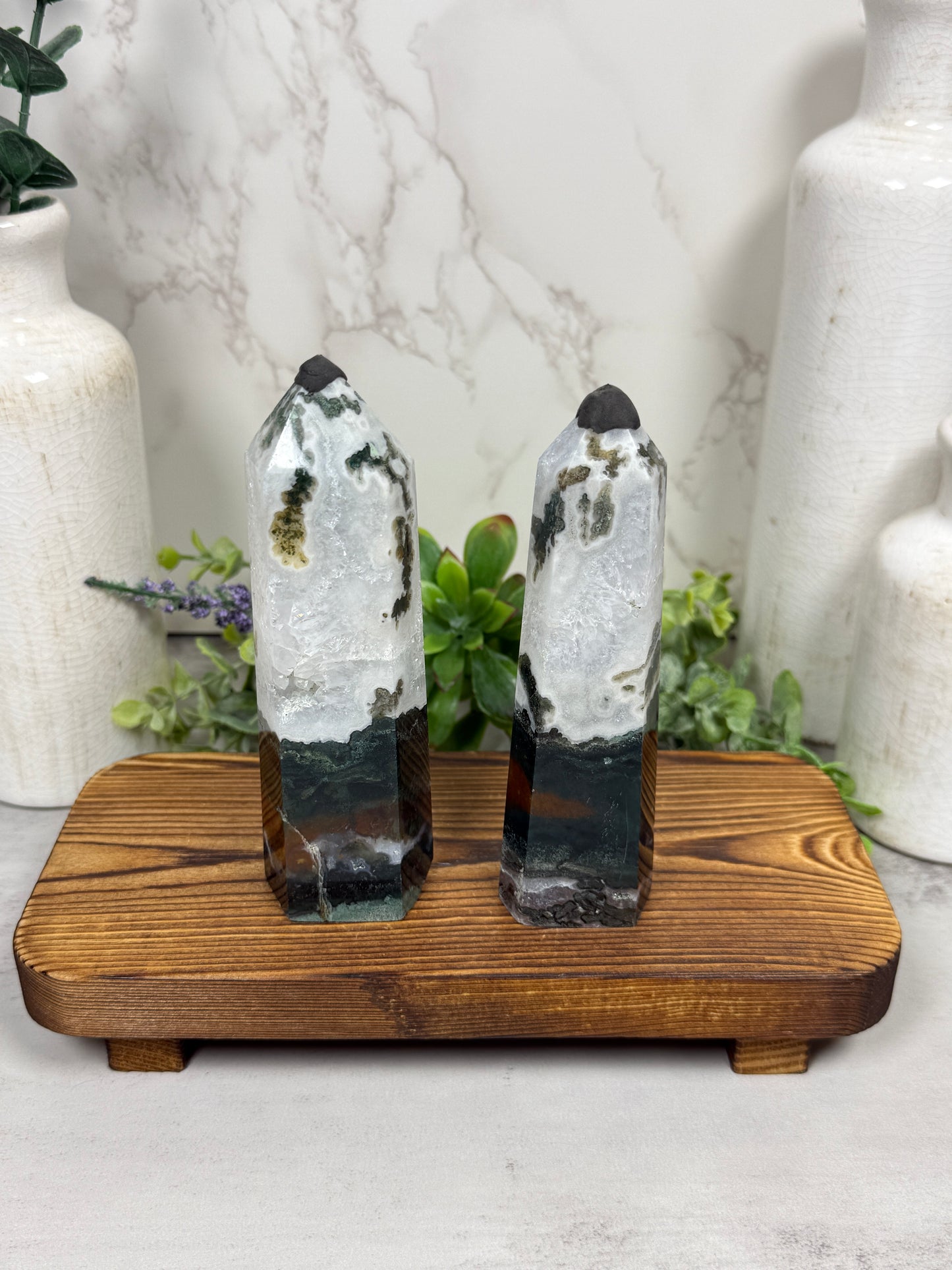 Moss Agate + Quartz Towers