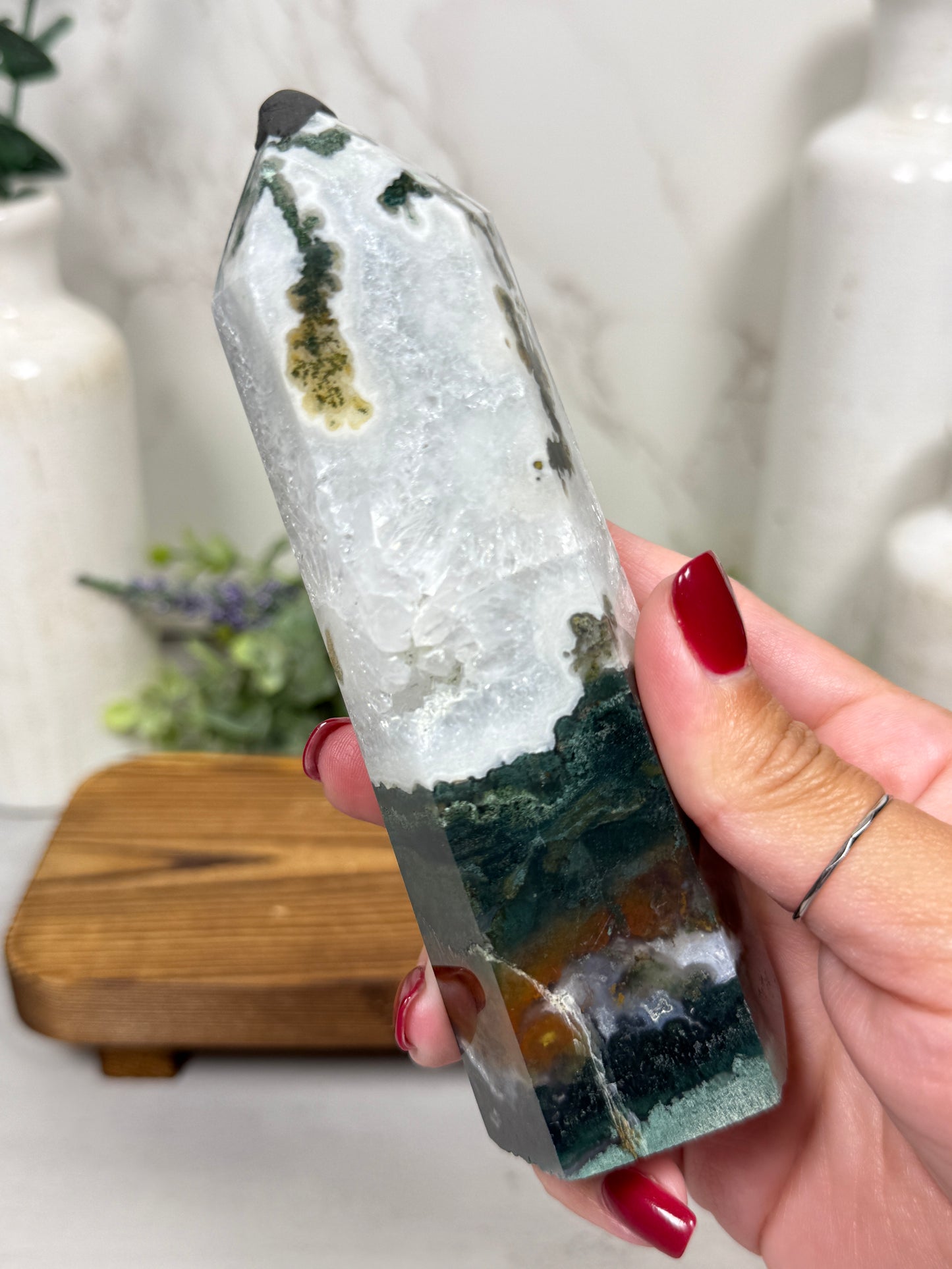 Moss Agate + Quartz Towers