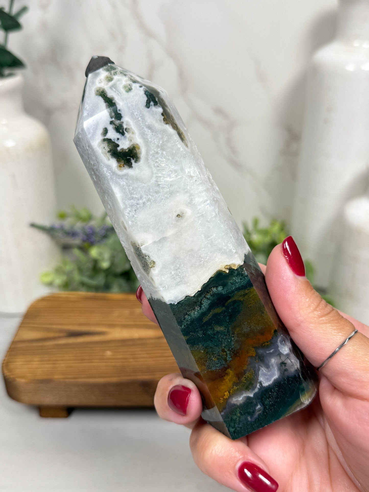 Moss Agate + Quartz Towers