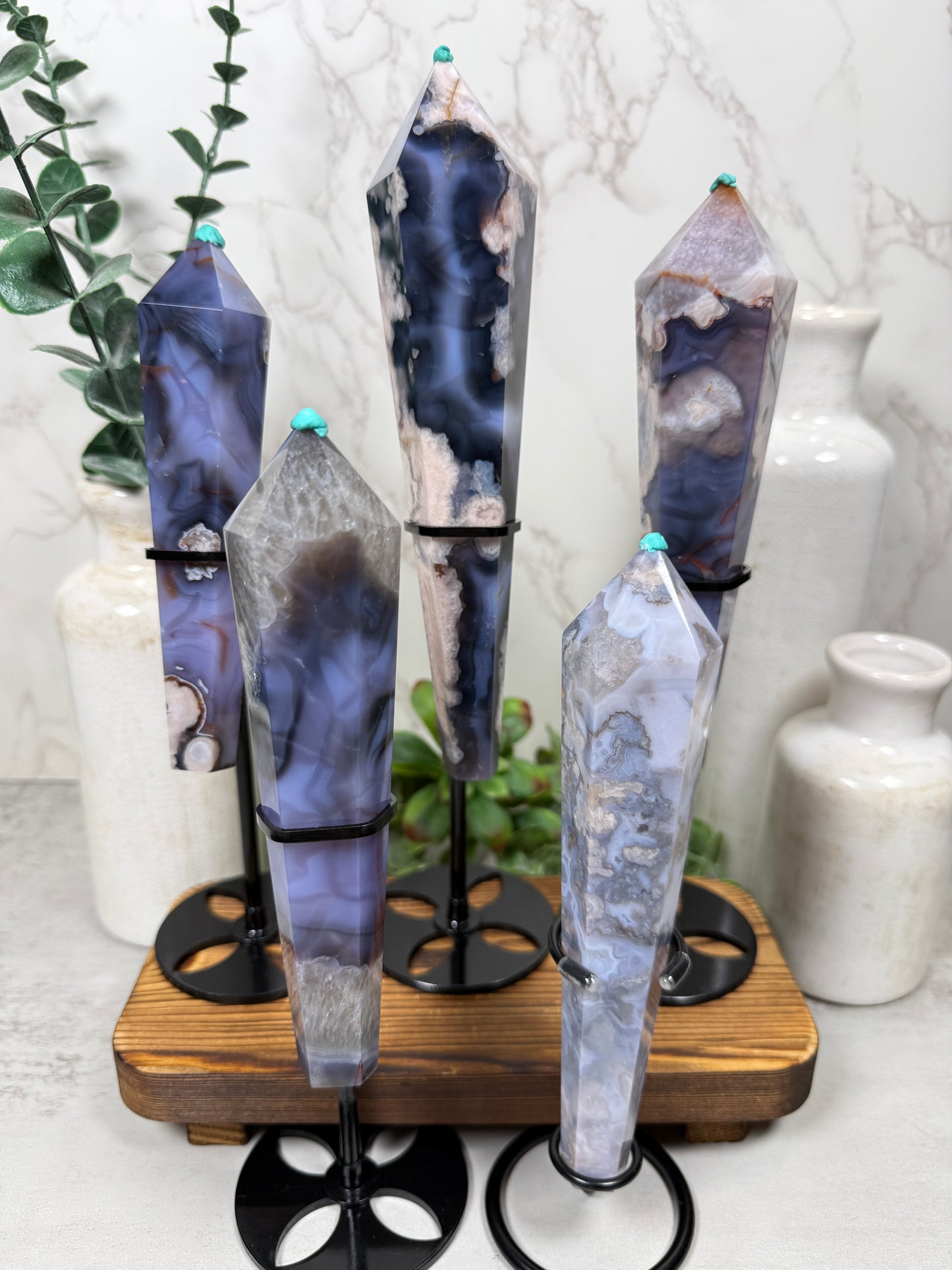 Blue Flower Agate Wands on Stands