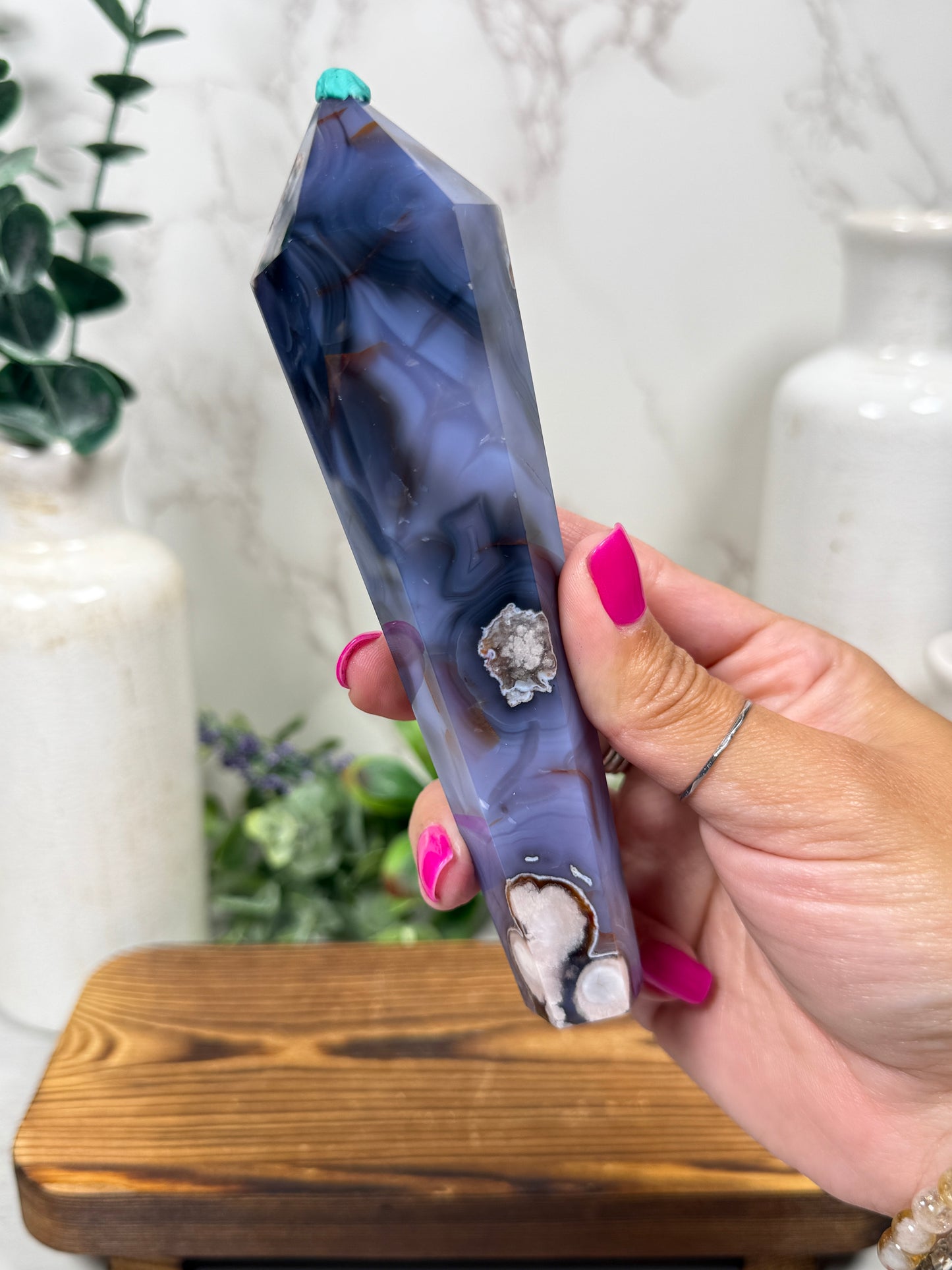 Blue Flower Agate Wands on Stands