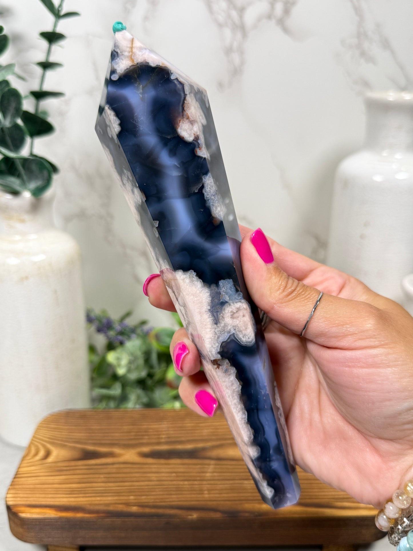Blue Flower Agate Wands on Stands