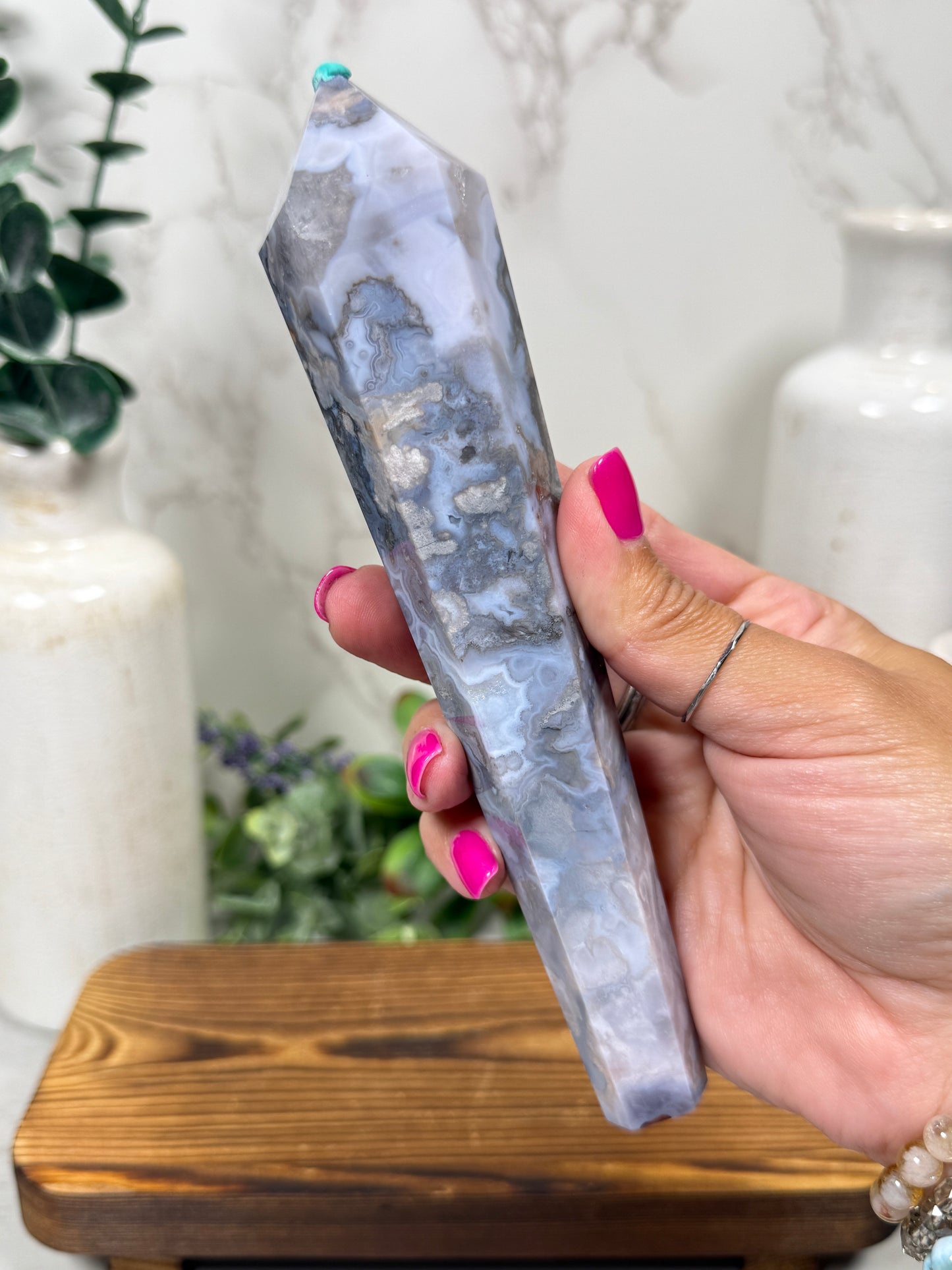 Blue Flower Agate Wands on Stands