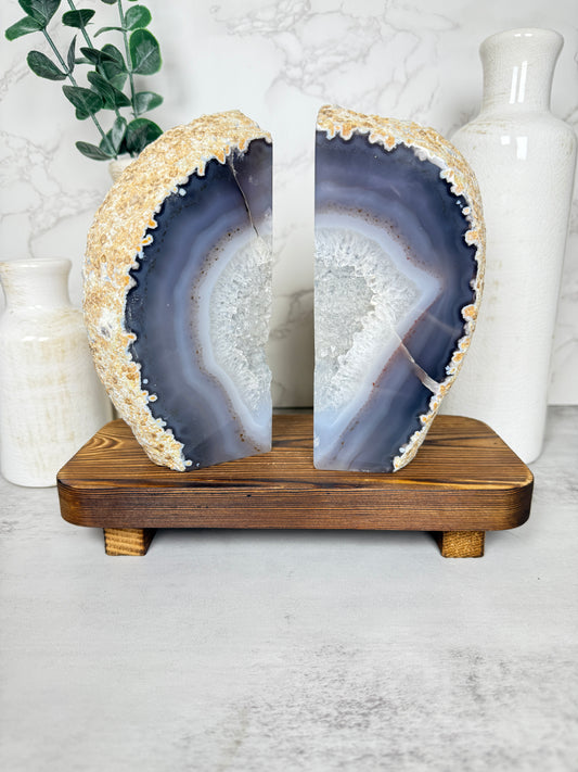 Blue Agate Geode Bookends